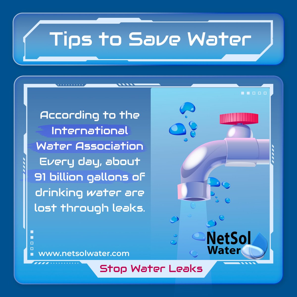 NetsolWater's tweet photo. 🚰 Stop Water Leaks💦💙
💧
💧
💧
💧
Every day, about 91 billion gallons of drinking water are lost through leaks, according to the International Water Association.
#waterleak #netsolwater #savewater #savewatersavelife #nw https://t.co/GvfO8cOCgi