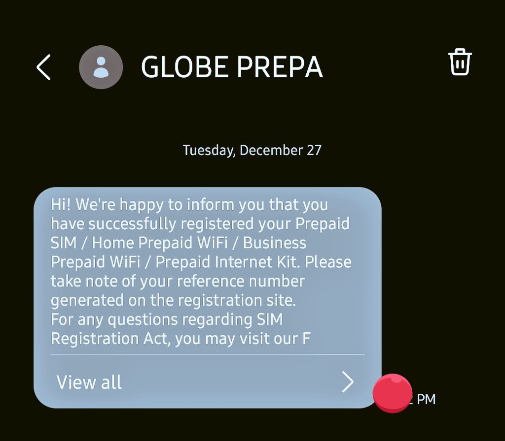 pablodalider's tweet photo. at nag-text na rin naman na ang GLOBE PREPAID na successfully reg na. https://t.co/ds5NfbOJ5A