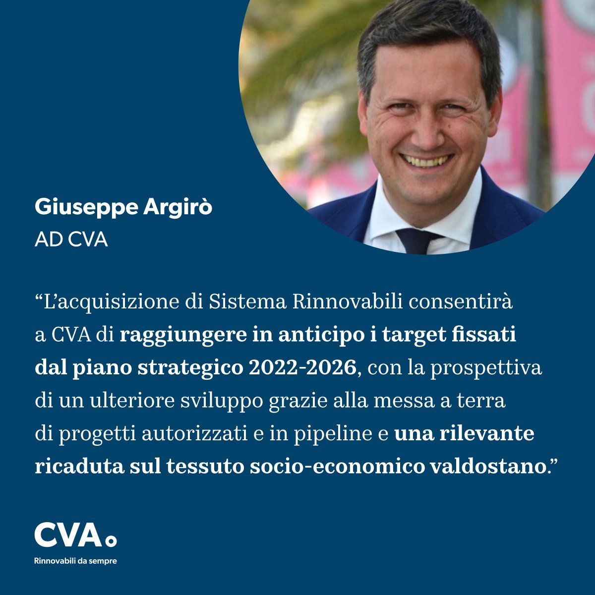 L'AD CVA @g_argiro commenta la recente operazione di acquisizione da parte del Gruppo, sottolineando come l'ingresso di Sistema Rinnovabili in CVA si inserisca perfettamente nella strategia di sviluppo delineata dal #PianoIndustriale al 2026.