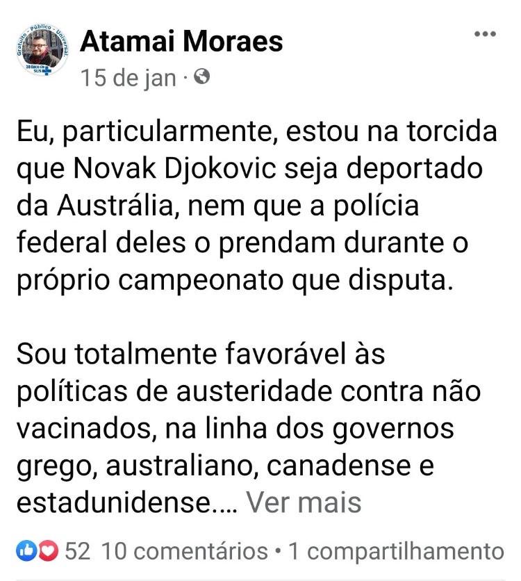 RafaelFontana's tweet photo. Entusiasta das agulhadas, médico morre aos 27 anos no Paraná.
Crítico de Djokovic e da posição do governo brasileiro, Atamai Moraes soma-se às vítimas de um movimento global tão irresponsável quanto criminoso.

Que os verdadeiros responsáveis comecem a ser punidos. https://t.co/lFHRDANitF
