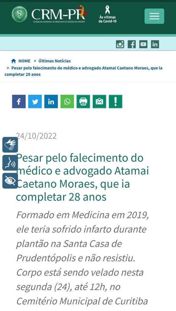 RafaelFontana's tweet photo. Entusiasta das agulhadas, médico morre aos 27 anos no Paraná.
Crítico de Djokovic e da posição do governo brasileiro, Atamai Moraes soma-se às vítimas de um movimento global tão irresponsável quanto criminoso.

Que os verdadeiros responsáveis comecem a ser punidos. https://t.co/lFHRDANitF