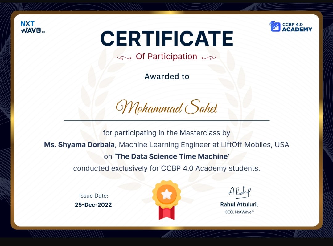 sohel_mohammed2's tweet image. Hi friends
I got certificate of participation session
with MS. Shyama Dorbala 
#ccbp
#rahulattuluri sir 
#nxtwave 
#tech
#python 
MS.Shyama Dorbala