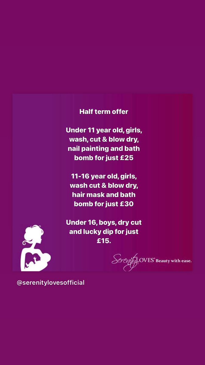 Valid from 28th December - 10th January.
Cannot be used with any other offer or discount.
There may be a £10 surcharge if child/teen has long or thick hair as this takes the stylists longer to do, please state this when booking