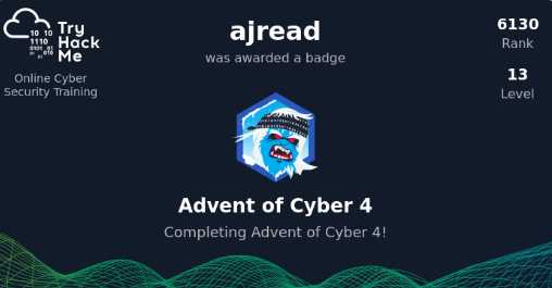 ajread3's tweet image. It was a good one this year! @RealTryHackMe #AdventofCyber2022