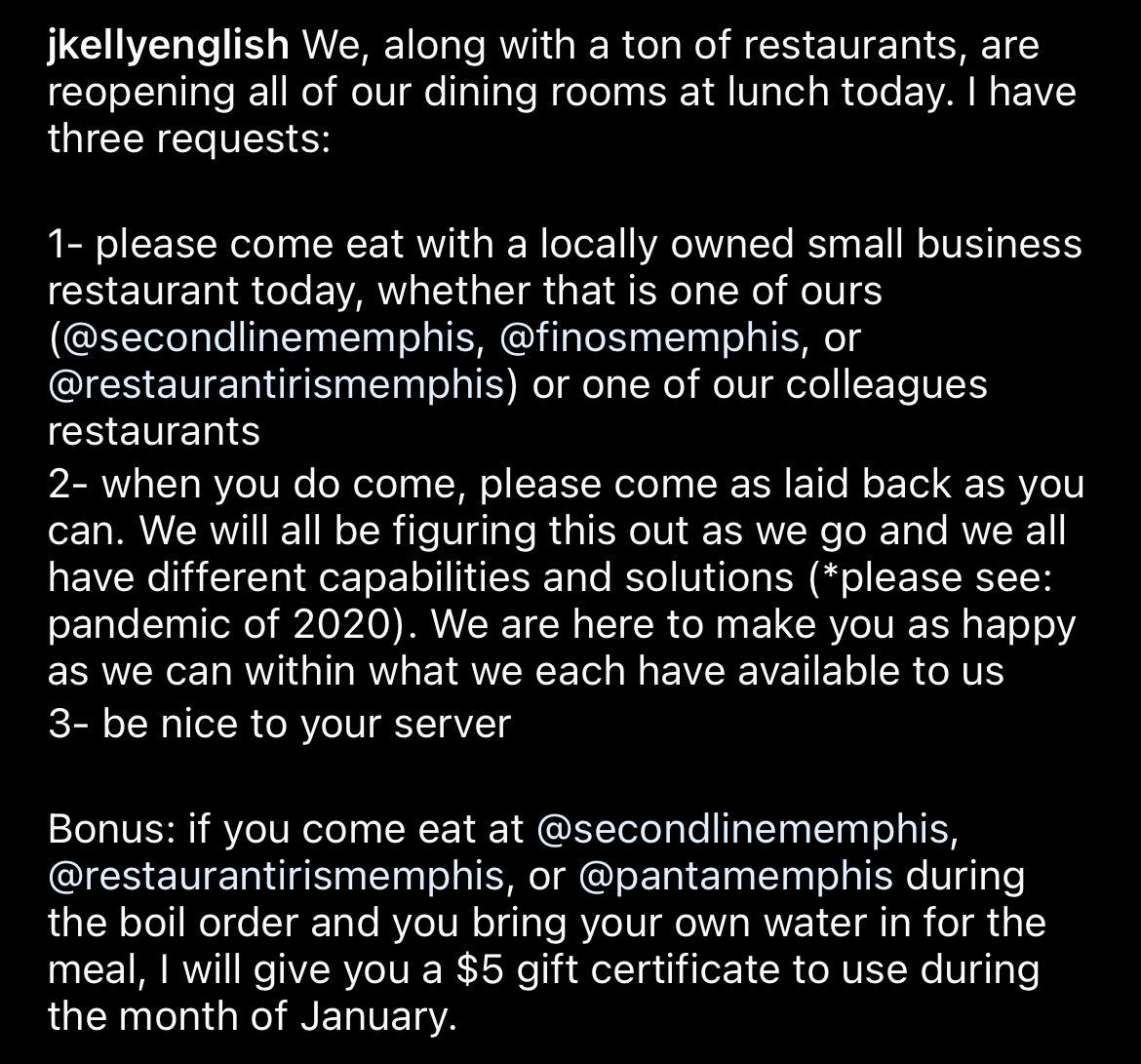 kelly_english's tweet photo. Come eat &amp; bring your own water to @RestaurantIris, @secondlinemem, or @MemphisPanta during the boil order, I will give you a $5 gift certificate to use during January. Please come but please be chill. https://t.co/Bqg2sJ7bSt