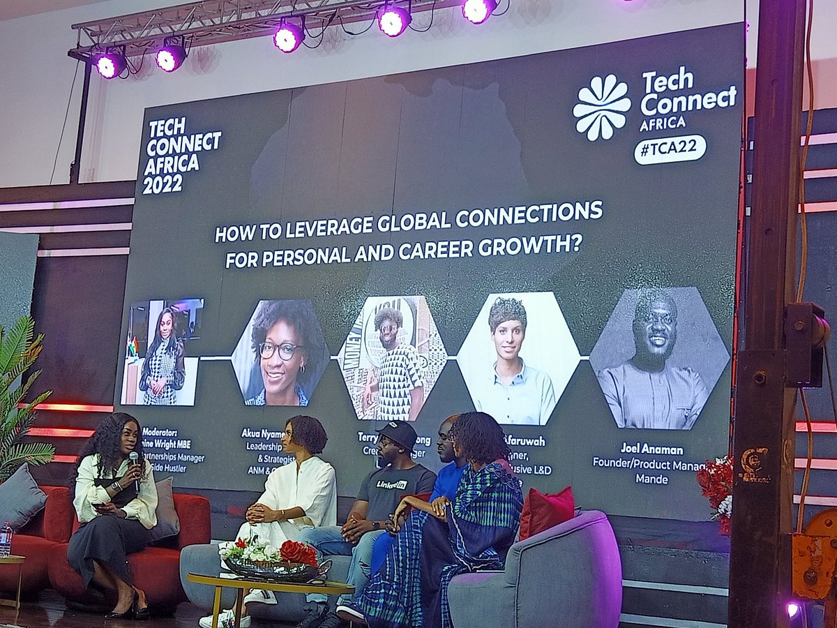 Attending the first session at Tech Connect Africa 2022. #TCA22

How to leverage global connections for career and personal growth. The panelists: Lorraine Wright MBE; Akua Nyame-Mensah - ANM &amp; Company; Felicia Afarwuah - Google; Joel Anaman - Mande; Terry Kojo Oppong - LinkedIn