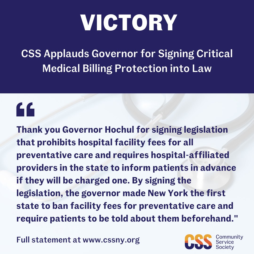 CSSNYorg's tweet photo. 🚨 #EndMedicalDebt Victory! @GovKathyHochul has signed @NYSenatorRivera and @DickGottfried's bill to ban hidden facility fees by medical providers.

Unfair hidden fees should never stop New Yorkers from getting care.

Full statement from CSS: https://t.co/kXLWPHeVlr https://t.co/Cw4KSLZfFn