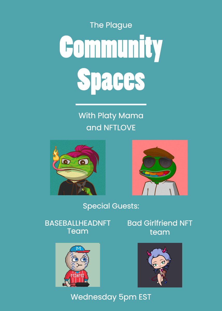 NFTLove (@nftlove_eth) on Twitter photo x.com/i/spaces/1zqJV…
<a href="/ThePlagueNFT/">The Plague Of Frogs 🐸</a> COMMUNITY SPACES WITH ME AND <a href="/PlatyMamaNFT/">PlatyMama Okame</a>
TOMORROW 5PM EST
GUESTS: <a href="/BaseballheadNFT/">Baseballhead | MINTING NOW</a> AND <a href="/badgfproject/">BGF Project</a> TEAM + A SURPRISE GUEST
THE BASEBALLHEAD TEAM WAS KIND ENOUGH TO GIVE US 3 #NFTS TO GIVE AWAY!
LIKE + RT AND JOIN THE SPACES! x.com/i/spaces/1zqJV…
<a href="/ThePlagueNFT/">The Plague Of Frogs 🐸</a> COMMUNITY SPACES WITH ME AND <a href="/PlatyMamaNFT/">PlatyMama Okame</a>
TOMORROW 5PM EST
GUESTS: <a href="/BaseballheadNFT/">Baseballhead | MINTING NOW</a> AND <a href="/badgfproject/">BGF Project</a> TEAM + A SURPRISE GUEST
THE BASEBALLHEAD TEAM WAS KIND ENOUGH TO GIVE US 3 #NFTS TO GIVE AWAY!
LIKE + RT AND JOIN THE SPACES!