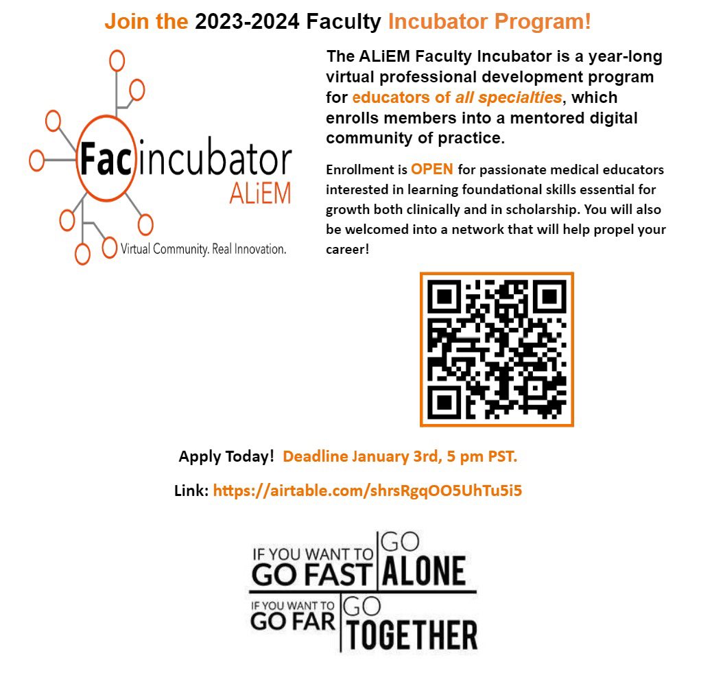 Guy Carmelli (@guycarmelli) on Twitter photo Hello friends!
Are you interested in medical education, want to gain more skills, but on your own time?                  
Also, do you want to join a community of other educators?          
Check out ALiEM Faculty Incubator! Applications due 1/3
airtable.com/shrsRgqOO5UhTu… Hello friends!
Are you interested in medical education, want to gain more skills, but on your own time?                  
Also, do you want to join a community of other educators?          
Check out ALiEM Faculty Incubator! Applications due 1/3
airtable.com/shrsRgqOO5UhTu…