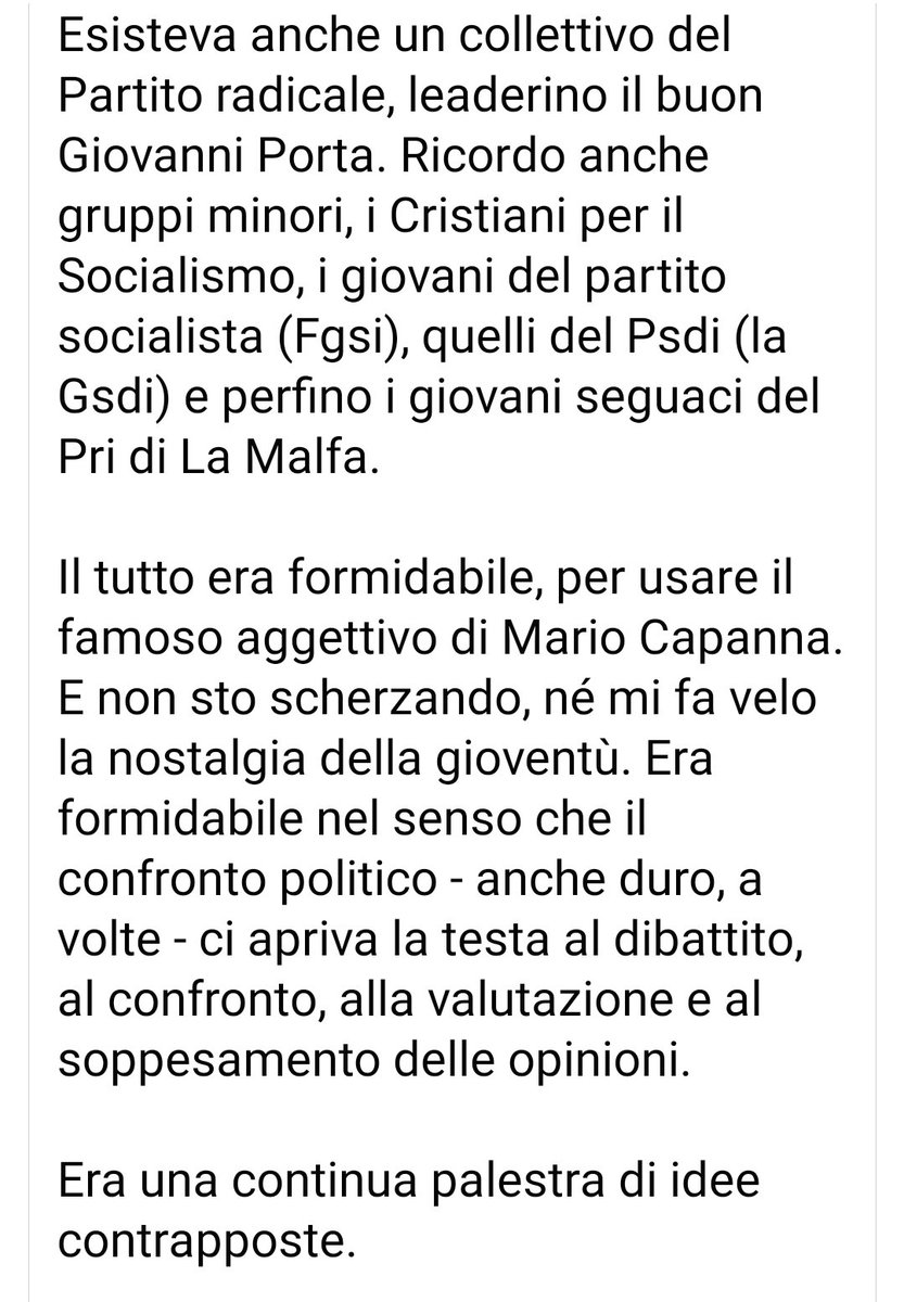 2019libertas's tweet photo. "...in tutti quei confronti fuori aula, il nostro compagno di scuola Giuseppe Valditara non c'era. Mai. Penso che lo detestasse, il confronto di idee."
Alessandro Gilioli
#Valditara #post68 https://t.co/ZPqwA3t7wv
