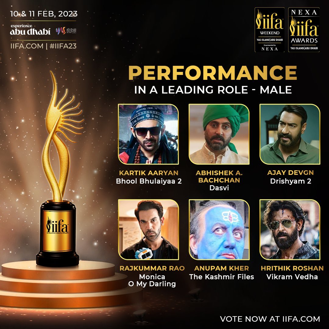 OFFICIAL POSTER….#IIFA2023 nominations…Best Male Lead….
⭐️ #KartikAaryan: #BhoolBhulaiyaa2 
⭐️ #AbhishekBachchan: #Dasvi 
⭐️ #AjayDevgn: #Drishyam2 
⭐️ #RajkummarRao: #MonicaOMyDarling 
⭐️ #AnupamKher: #TheKashmirFiles
⭐️ #HrithikRoshan: #VikramVedha