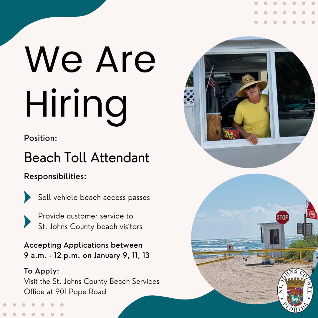 Do you love SJC Beaches and are looking to make extra money this season? 🌊 

➡️ Apply to our seasonal Beach Toll Attendant position! 

📩 For more information, please email slindblad@sjcfl.us or call 904.209.0344.

#MySJCFL