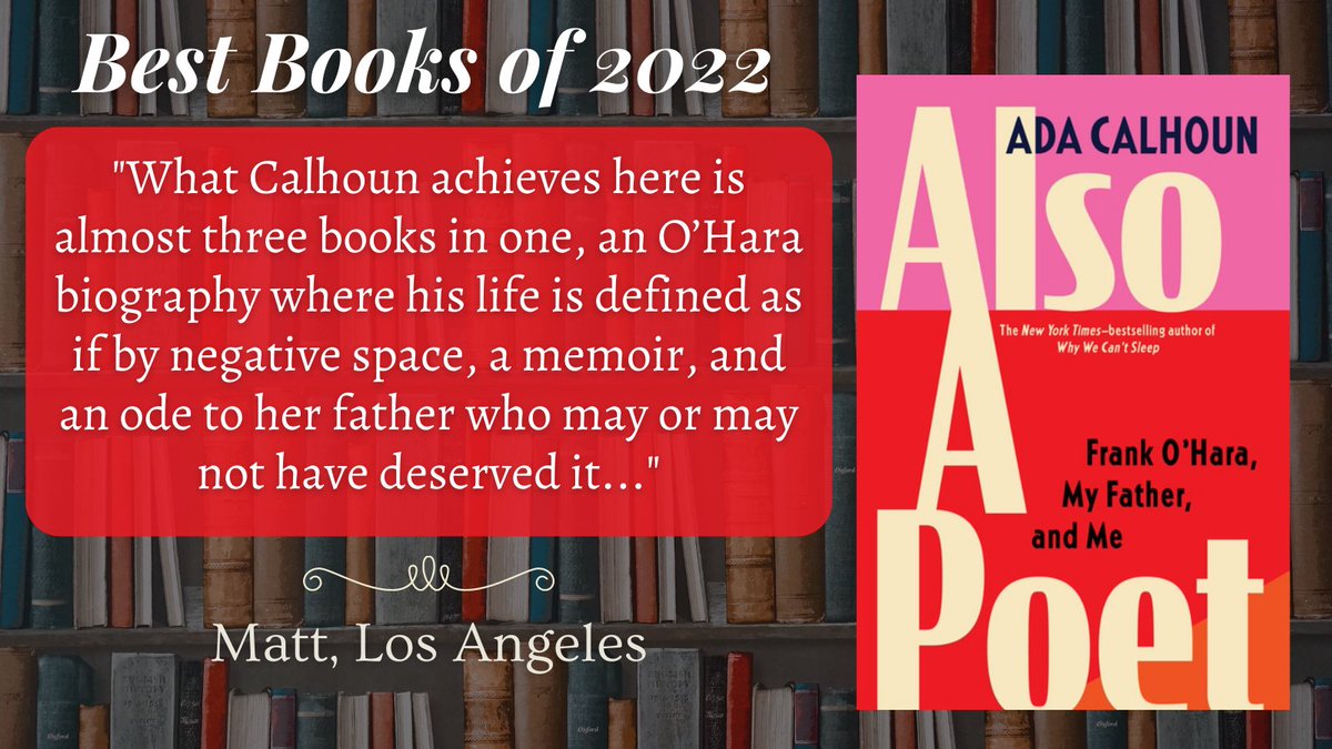 Hudson Booksellers (@hudsonbooks) on Twitter photo Our Best Nonfiction Book of the Year is Also a Poet by <a href="/adacalhoun/">Ada Calhoun</a>. <a href="/groveatlantic/">Grove Atlantic</a>
Recommended by many across Hudson, you can read the full review written by Matt from Los Angeles here: hudsonbooksellers.com/book/978080215… Our Best Nonfiction Book of the Year is Also a Poet by <a href="/adacalhoun/">Ada Calhoun</a>. <a href="/groveatlantic/">Grove Atlantic</a>
Recommended by many across Hudson, you can read the full review written by Matt from Los Angeles here: hudsonbooksellers.com/book/978080215…