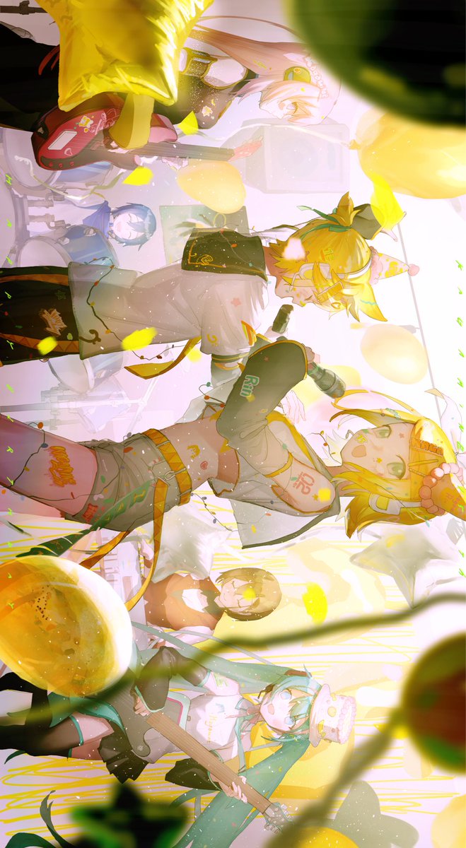 hatsune miku ,kagamine len ,kagamine rin ,kaito (vocaloid) multiple girls detached sleeves bow shorts blonde hair shirt instrument  illustration images