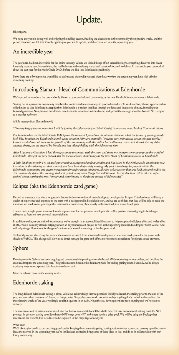 A little update on where we are and where we are going, with a special announcement.... 

Please all congratulate @CryptoSlaman on becoming our Head of Communications <a href="/Edenhorde/">Edenhorde</a> 🙌 🤝 

Enjoy the holidays!
