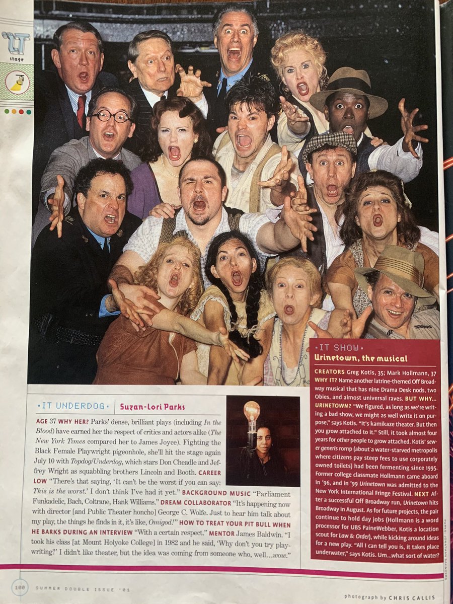 Pg 100

It Show: Urinetown, the musical, created by Greg Kotis (35) and Mark Hollmann (37)

It Underdog: Suzan-Lori Parks (37), playwright of In the Blood and the upcoming Topdog/Underdog