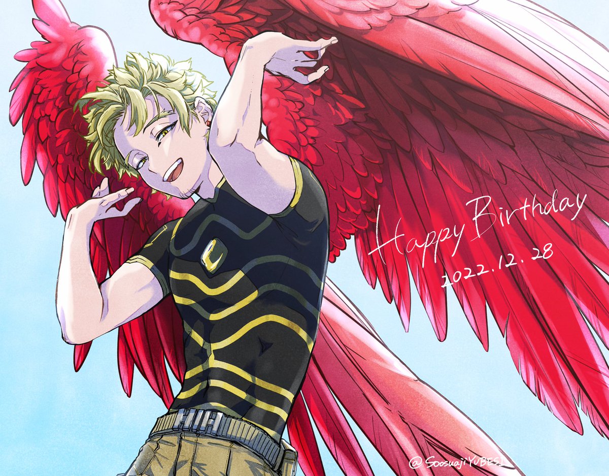 hawks (boku no hero academia) 1boy wings male focus blonde hair feathered wings red wings solo  illustration images