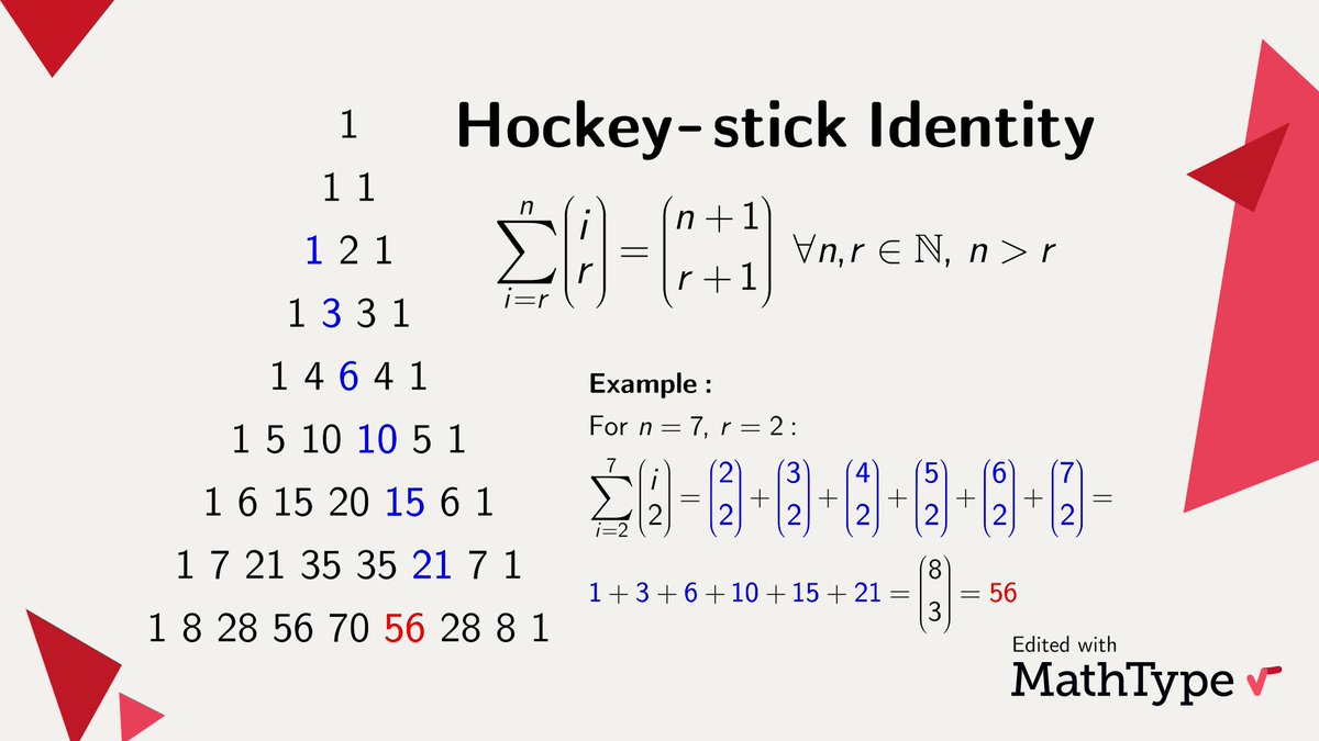 This identity is known as the Hockey-stick Identity or the Christmas Sock Identity in reference to its graphical representation of Pascal's triangle. #MathType