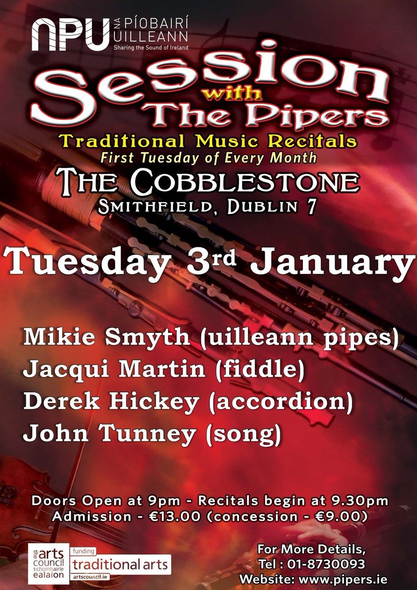 Join us in @CobblestoneDub next Tuesday 3rd January for the first #SessionwiththePipers of 2023 - what better way to start off the New Year! Recital begins at 9:30pm

Tickets: loom.ly/JJViZpc

#napiobairi #uilleann #sharingthesound #performance @artscouncil_ie