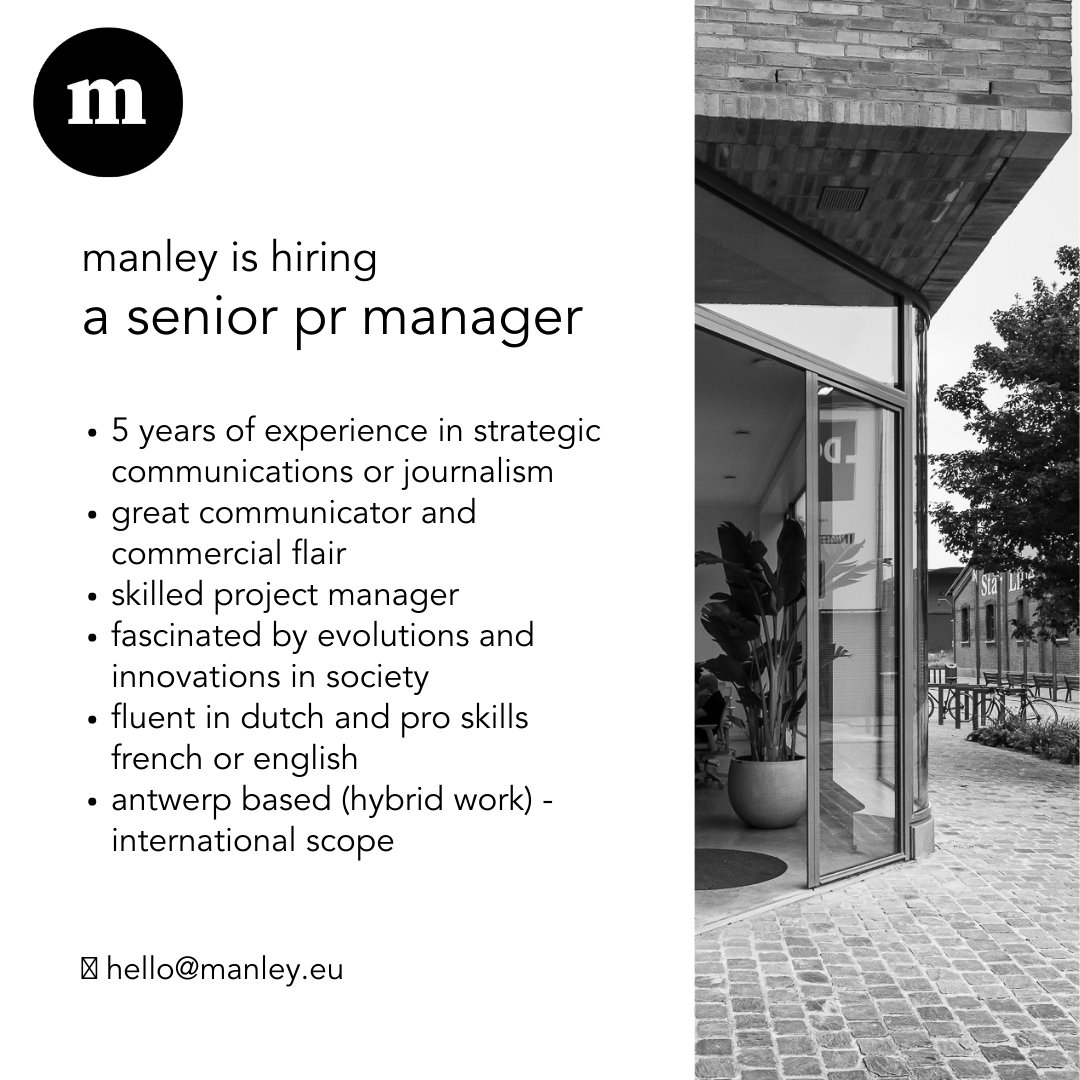 Zin in een boeiende job in public relations en strategische communicatie? Antwerp based, international scope? 🚀🌍
Dan kijken we ernaar uit om kennis met jou te maken!
#vacature  #antwerpen #jobs #PublicRelations  #pr
manley.eu/maney-zoekt-ee…