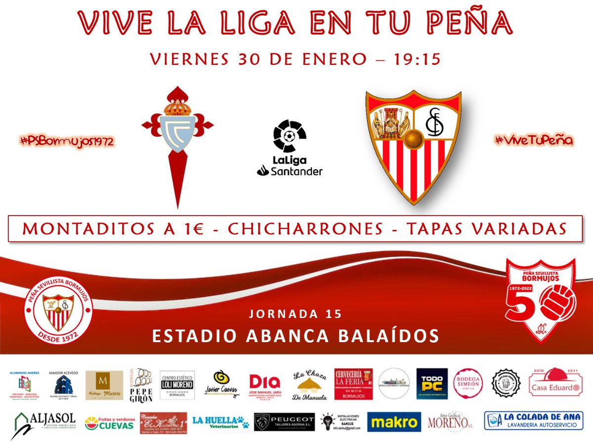 El Viernes te esperamos en la Peña parta ver el Partido contra el Celta de Vigo a las 19:15.

- Montaditos a 1€
- Chicharrones
- Tapas variadas

¡Vive el Futbol en tu Peña!