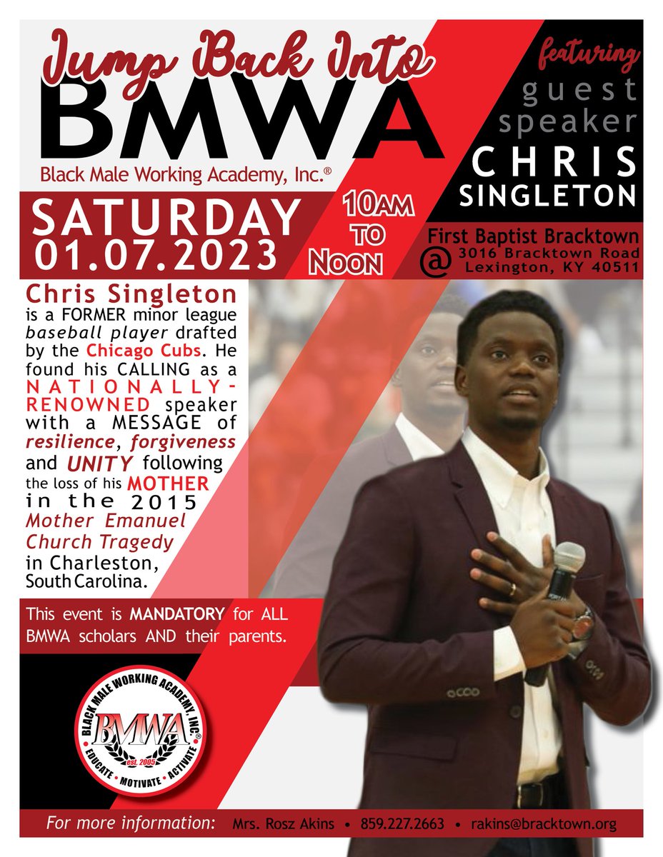 bmwacademyky's tweet photo. Join us at @fbcbracktown on Jan 7, 2023 from 10-Noon for our Jump Back into BMWA session.

Dynamic speaker, @csingleton__2, shares his story on “resilience, forgiveness and unity” after the loss of his mother in the 2015 Mother Emanuel Church Tragedy. #share https://t.co/mWc1wHMkl0