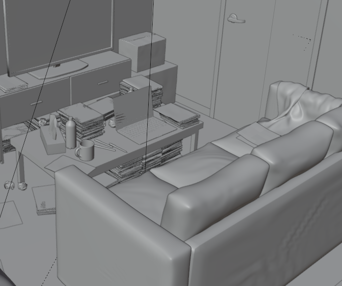 3D背景、こういうきったない部屋とかとの親和性は凄い良いけど遠景はほとんど手書きベースの方が楽と言う所感 