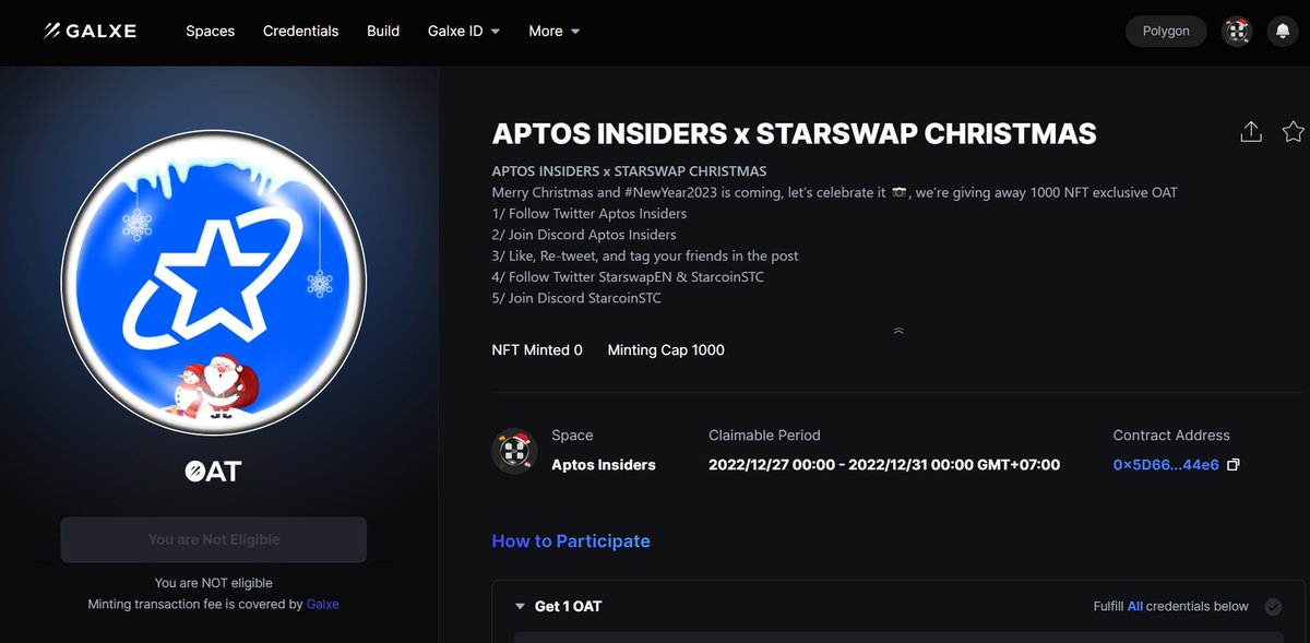 APTOS INSIDERS x STARSWAP CHRISTMAS😍

🎁We’re giving away 1000 NFT exclusive OAT (Base FCFS)

Rule to win👇
1️⃣ Go to galxe.com/aptosinsiders/… &amp; connect #Metamask wallet
2️⃣ Complete some simple tasks
3️⃣ Claim OAT

Like &amp; RT to support us🙏

#Aptos #Xmas #OAT