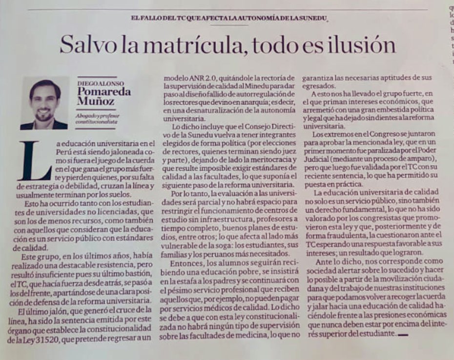 diego_pomareda's tweet photo. Los intereses privados han arremetido con una embestida política y legal que ha dejado sin dientes a la reforma universitaria en desmedro del bien común. Lo peor es que esto ha sido validado por el TC ¿cómo así? pueden verlo en mi columna de hoy en @elcomercio_peru 👇 https://t.co/fTmrio9abJ