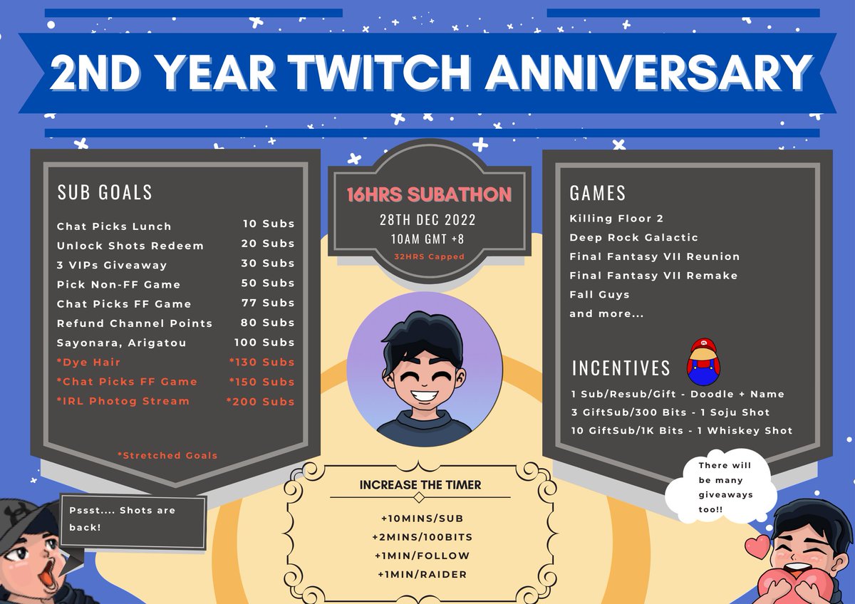 I will be celebrating my 2nd Year Anniversary of streaming on Twitch tomorrow! I'll be starting at 10AM GMT +8 ! See ya guys there