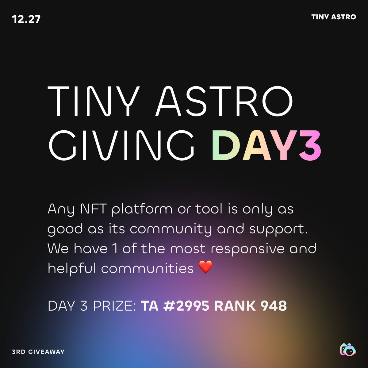 tinyastroNFT's tweet image. 🥳Day 3 of the Tiny Astro 7 Days of Giving🥳

🎁Prize: TA #2995 (Rank 948)

Requirements:

1️⃣Like + RT
2️⃣Login to TA and share a profitable trade through tinyastro.io/profile/my-suc… from NOW until Jan 1st at 12:00AM EST