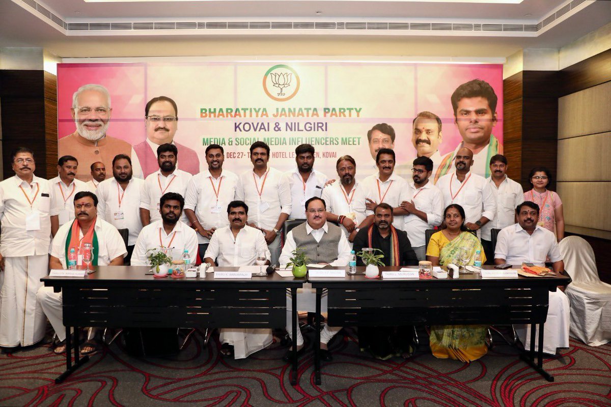 VanathiBJP's tweet photo. BJP National President Shri @JPNadda addressed media and social media influencers meet in Coimbatore, Tamil Nadu. https://t.co/Q0F5YV0U4U