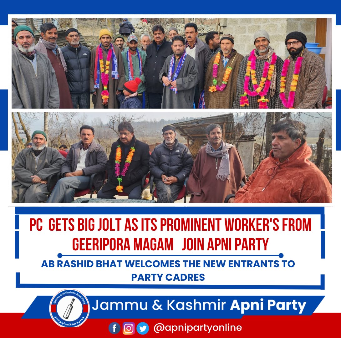 ChadooraK's tweet photo. PC gets big jolt as its #prominent Worker's from Geeripora Magam joins Apni Party. District Vice President Kupwara, Ab Rashid Bhat welcomes the new entrants into the party cadre.

"People have rejected family politics and mandated a new political change"

#ApniParty  #Kupwara https://t.co/GhpmCKeVb4