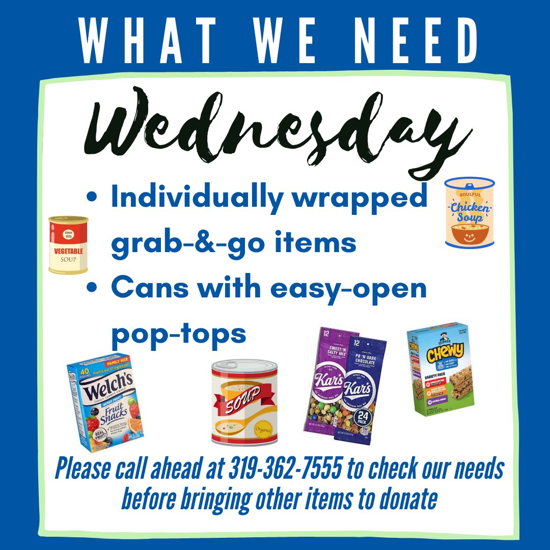 On this #WhatWeNeedWednesday we are asking for individually wrapped grab-&amp;-go items and cans with easy-open pop-tops. Please consider donating any of these items to help!
💙 Check out our Weekly Wishlist on Amazon at a.co/4LiUBEs