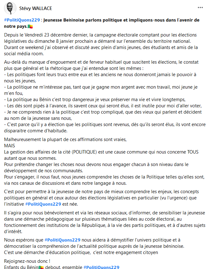 StevyWallace's tweet photo. #Politiquons229
Les amis , j'ai toujours été frustré par la manière dont la "Politique" est faite dans mon pays .
Le désintérêt de la jeunesse vis à vis des questions politiques nous conduira tout droit dans l'abîme.
#team229 #wasexo https://t.co/sx2pHP52kZ