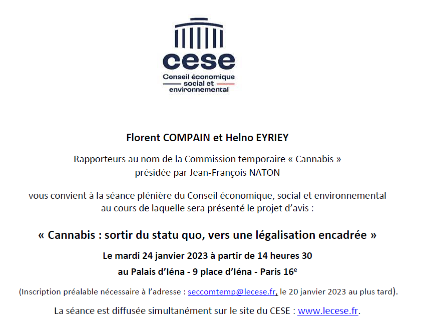 NicolasAuthier_'s tweet photo. 🌱@lecese présentera les conclusions de la commission temporaire "#cannabis  : sortir du stat quo, vers une légalisation encadrée" le mardi 24 janvier 2023 à 14h30. Inscription seccomtemp@lecese.fr avant le 20/01, diffusion sur https://t.co/5opTaLUFqs 
https://t.co/zODPcSIlEh https://t.co/vX1SpirmWX