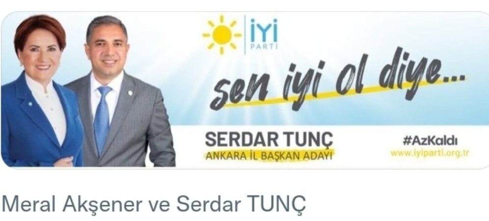 İyi parti il Bşk' Adayı olarak seçilen çok kıymetli hemşerimiz Sn .serdar tunç beye hayırlı olsun dileklerimi iletiyorum