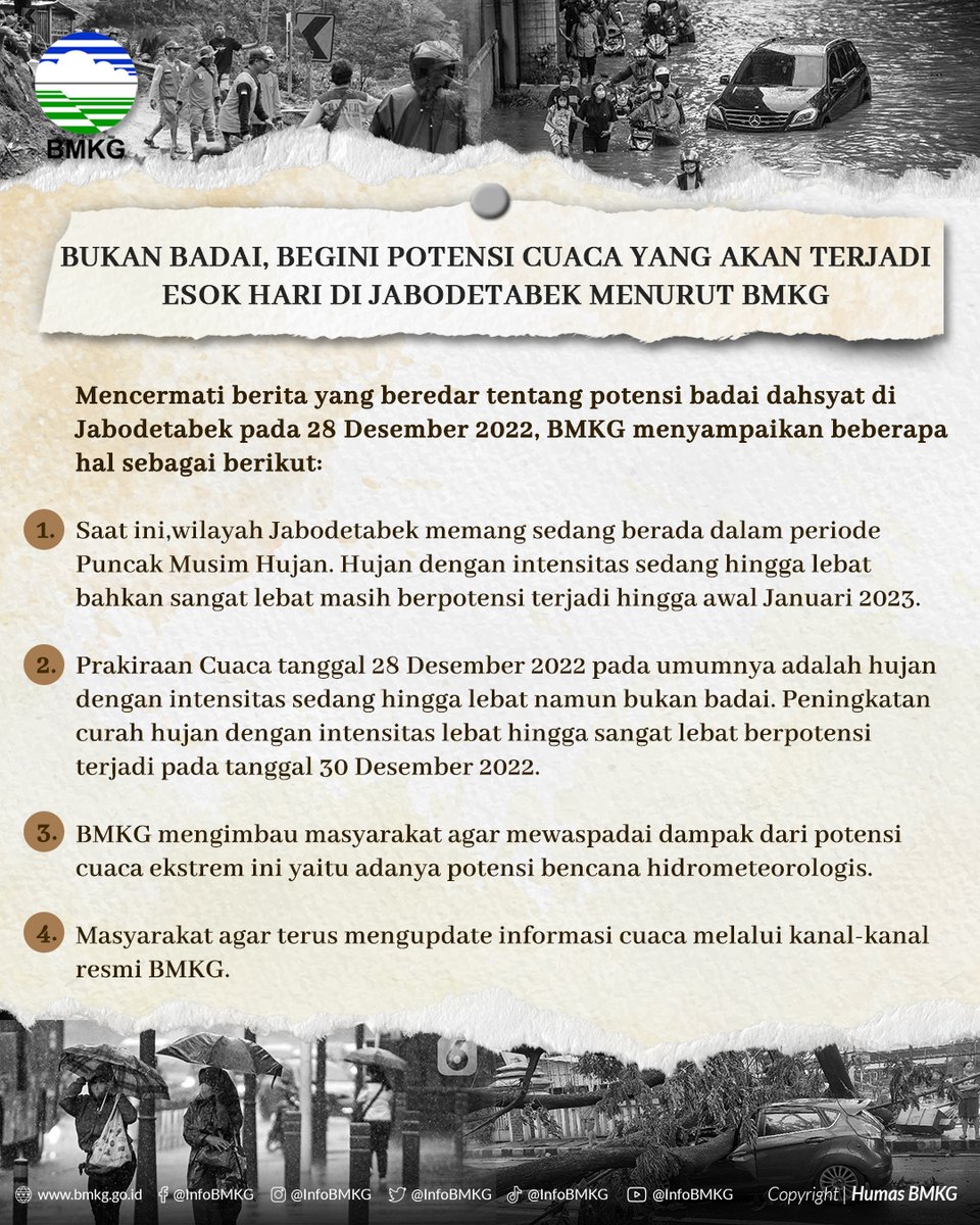 Tersiar kabar akan terjadi badai dahsyat di Jabodetabek pada 28 Desember 2022. Atas hal itu BMKG merujuk dari berbagai parameter fenomena alam tersebut memiliki peluang yang cukup kecil untuk terjadi. Jadi jangan panik, namun tetap waspada.

#cuacaekstem
#Jabodetabek
#BMKG