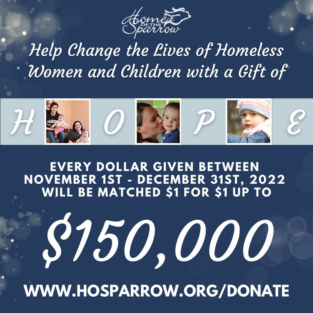 Time is running out! Help change the lives of homeless women and children this holiday season!
This year, every dollar donated to Home of the Sparrow between November 1st and December 31st will be matched $1 for $1 up to $150,000.
Donate today at: hosparrow.org/donate