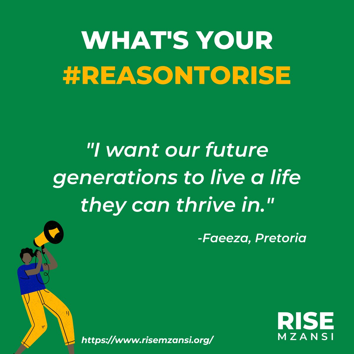 Rise_Mzansi's tweet photo. This is Faeeza’s #reasontorise. 

Share with us your #reasontorise for Mzansi.

Let's Rise! Join the campaign today 🇿🇦 https://t.co/zg6lddSlEm