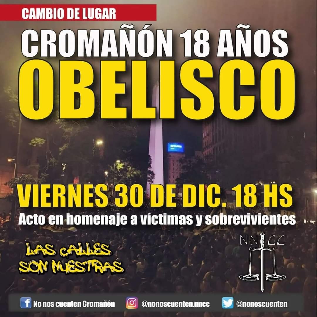 ☣️ Este viernes cerramos el año en el Obelisco junto a la gente de <a href="/nonoscuenten/">NoNosCuentenCromañon</a>.nncc 

☢️ A partir de las 18 hs estaremos participando del acto homenaje a lxs pibxs y sobrevivíente de Cromañón.
Nos vemos allá!.
