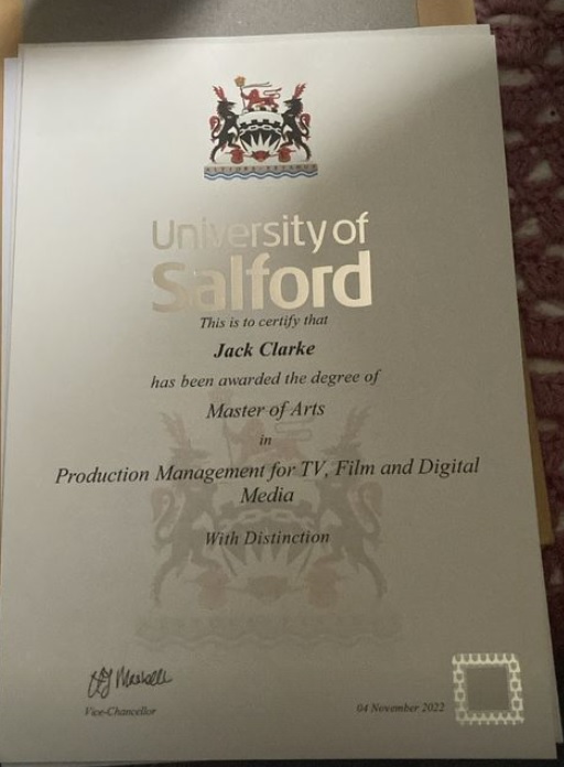 seriousfeather's tweet image. WHOOP! &apos;Nobody Loves You and You Don&apos;t Deserve to Exist&apos; co-producer @ClarkeJ98&apos;s MA certificate in TV, Film and Media Production Management (Distinction) has arrived! 😎🥳😎 #WorkingClassCreatives #nevergiveup