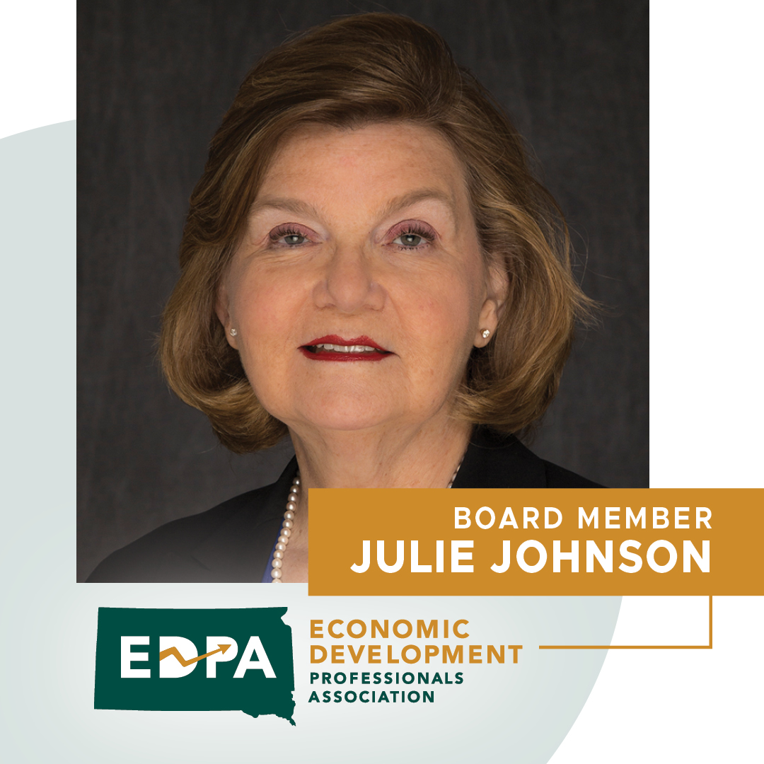 Give a warm welcome to new board member Julie Johnson! 

Julie is the South Dakota SCORE District Director, a licensed S.D. attorney, registered lobbyist, and small business advocate. She deeply understands SD’s small business, economic, and community development issues.