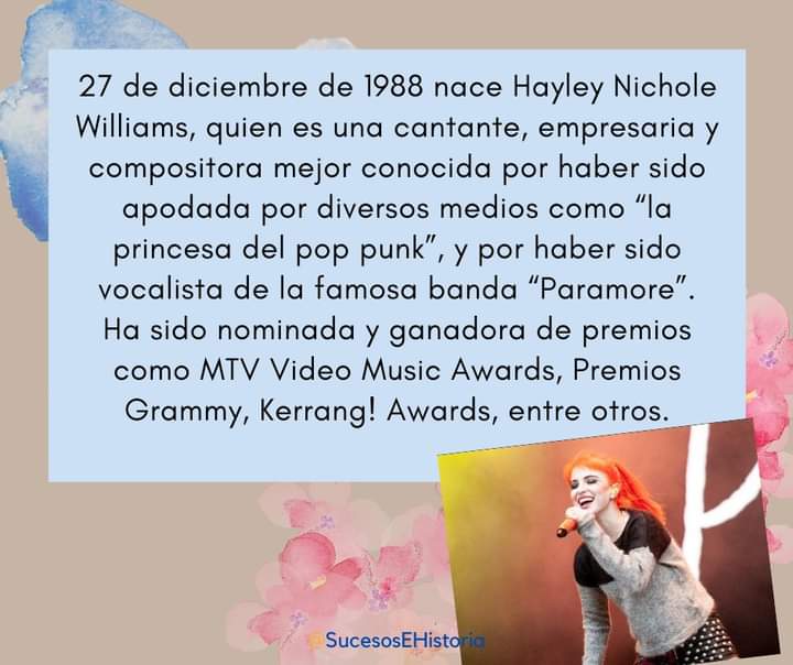 ESucesos's tweet photo. Un día como hoy, Hayley Williams 

#HappyBirthdayHayleyWilliams #UnDiaComoHoy #paramore #HayleyWilliams #FelizCumpleaños #27deDiciembre #Paramore https://t.co/wgj0zBfuRA