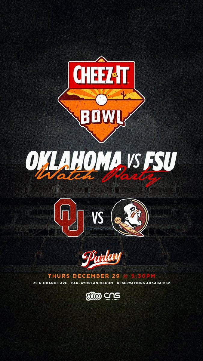 ParlayOrlando's tweet photo. Orlando! Get ready as the @FSUFootball 🪓 takes on @OU_Football 🤠 at @CWStadium here in our back yard 🏟️Dec 29, Thursday - kickoff 5:30pm 🕔 Food, drinks, and live game audio 🍗🍺📻 https://t.co/ICNpbzBxX2
