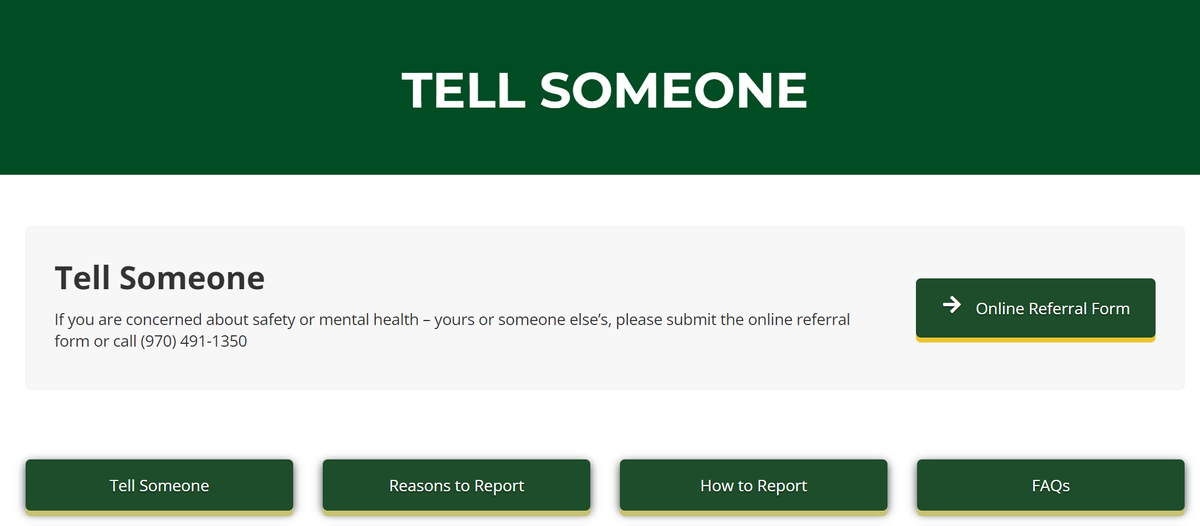 GradSchoolCSU's tweet photo. Tell Someone is a #ColoradostateU resource for safety and mental health concerns for yourself or someone else.

https://t.co/Ye20wwuaU5

#MentorMonday https://t.co/slQd7D1jcM
