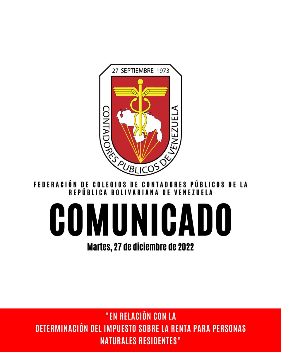 FccpvOficial's tweet photo. 🚨⚖️ ATENCIÓN: Comunicado de la @FccpvOficial relacionado con la Determinación del ISLR para Personas Naturales Residentes. Puede descargarlo en .pdf aquí:
 
https://t.co/fN2Sa4Z7yO
 
#ISLR
#Exoneracion
#Comparte
#SomosPiezaClave https://t.co/TjzPhjkKN5