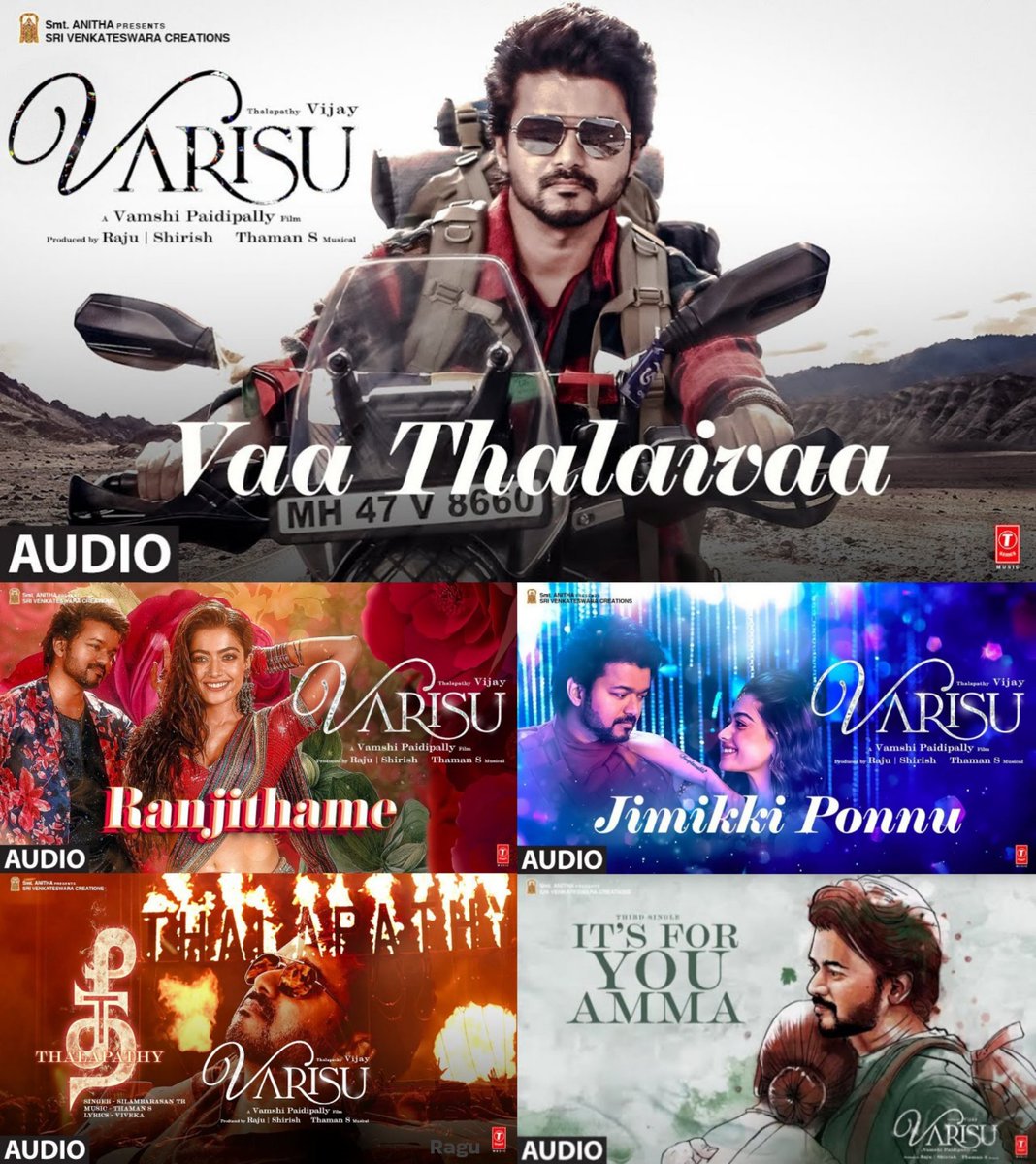kingofkwood's tweet photo. #Varisu Audio Songs
#VaaThalaivaa - https://t.co/7VX5z8WUhH
#Ranjithame - https://t.co/CIix6kgBSE
#TheeThalapathy - https://t.co/eREcC8WpIc
#JimikkiPonnu - https://t.co/gFpw8aorzv
#SoulOfVarisu - https://t.co/NOsyM4uZ1l
#VarisuAudio @actorvijay @MusicThaman https://t.co/aI0FxHLjHs