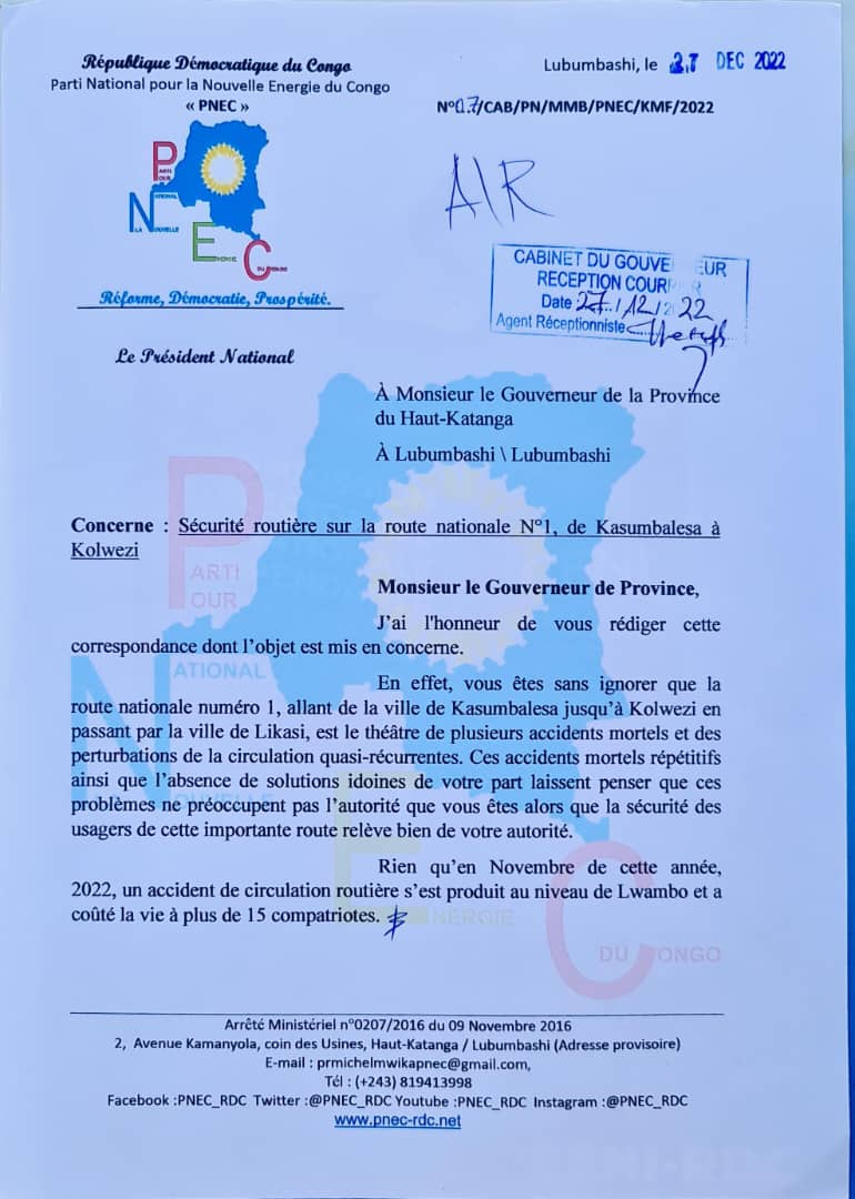 MichelMwika's tweet photo. J'ai adressé ce jour une lettre ouverte au Gouverneur de Province du Haut-Katanga, Monsieur @JacquesKyabula, en rapport avec les accidents mortels répétitifs qui se produisent sur la nationale numéro 1, allant de Kasumbalesa jusqu’à Kolwezi. 

Ci-joint l'accusé de réception ⤵️ https://t.co/yyyDG02h47