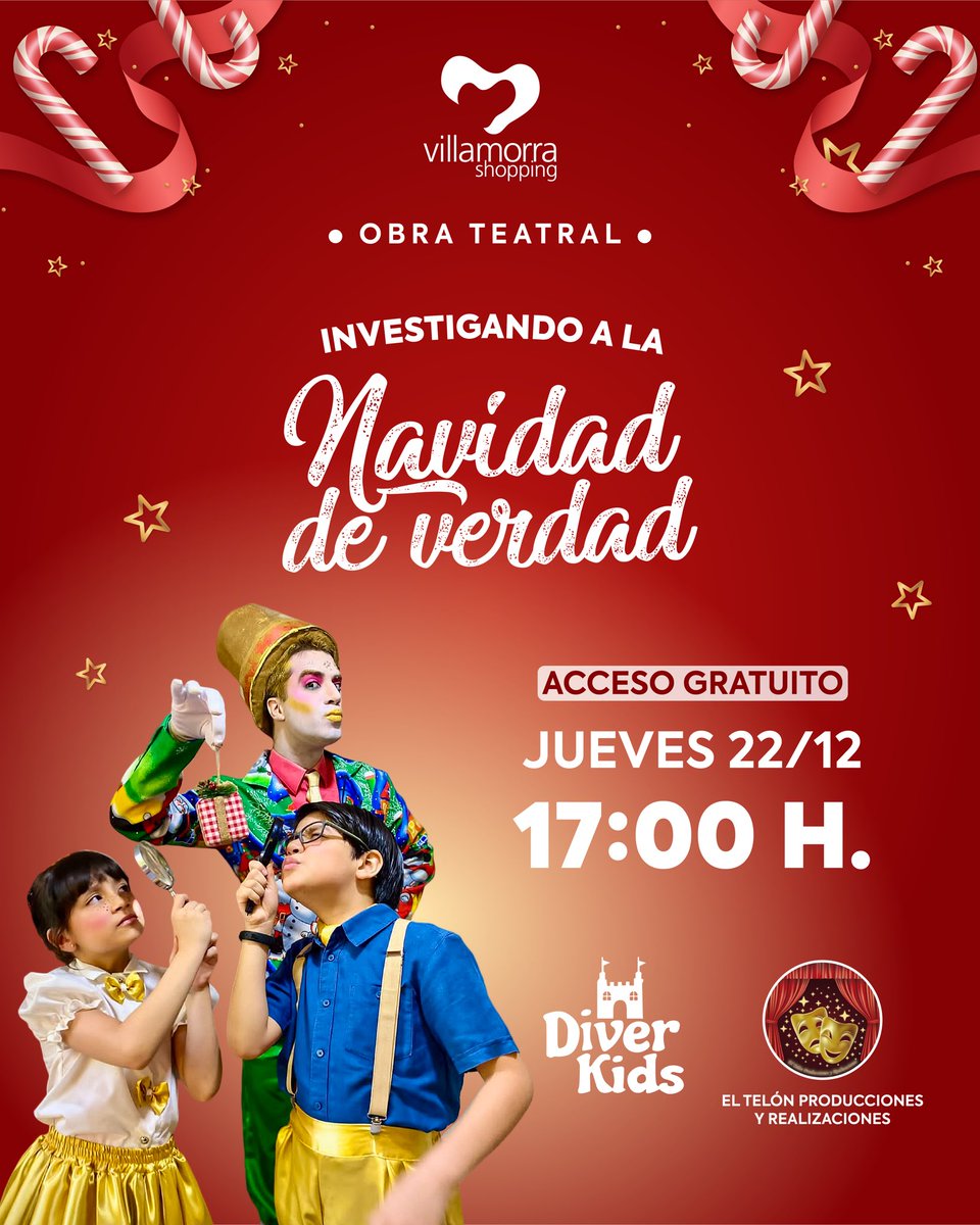 INVESTIGANDO A LA NAVIDAD🎅🏻🔍✨
Te esperamos para disfrutar de esta bellísima obra de teatro para toda la familia🤩
🗓Jueves 22
📍Patio de comidas 2 del Villamorra Shopping
⏰17:00 hs.
Acceso libre y gratuito